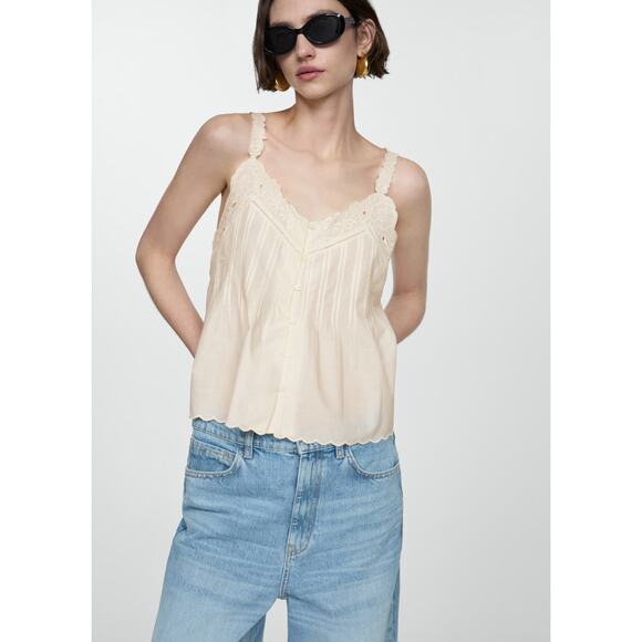 NEW MNG Cream Floral Lace Embroidered Sleeveless Cami Tank Blouse Top Size S - Picture 1 of 10